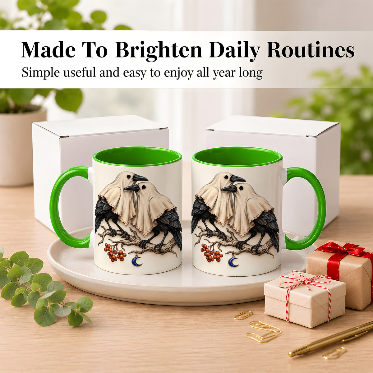 #pl[11oz|Green] Ghost Crow Pair Coffee Mug, Gothic Bird Mug, Ceramic Cup