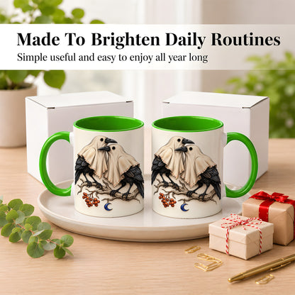 #pl[11oz|Green] Ghost Crow Pair Coffee Mug, Gothic Bird Mug, Ceramic Cup