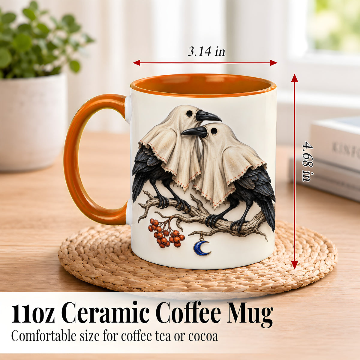 #pl[11oz|Orange] Ghost Crow Pair Coffee Mug, Gothic Bird Mug, Ceramic Cup