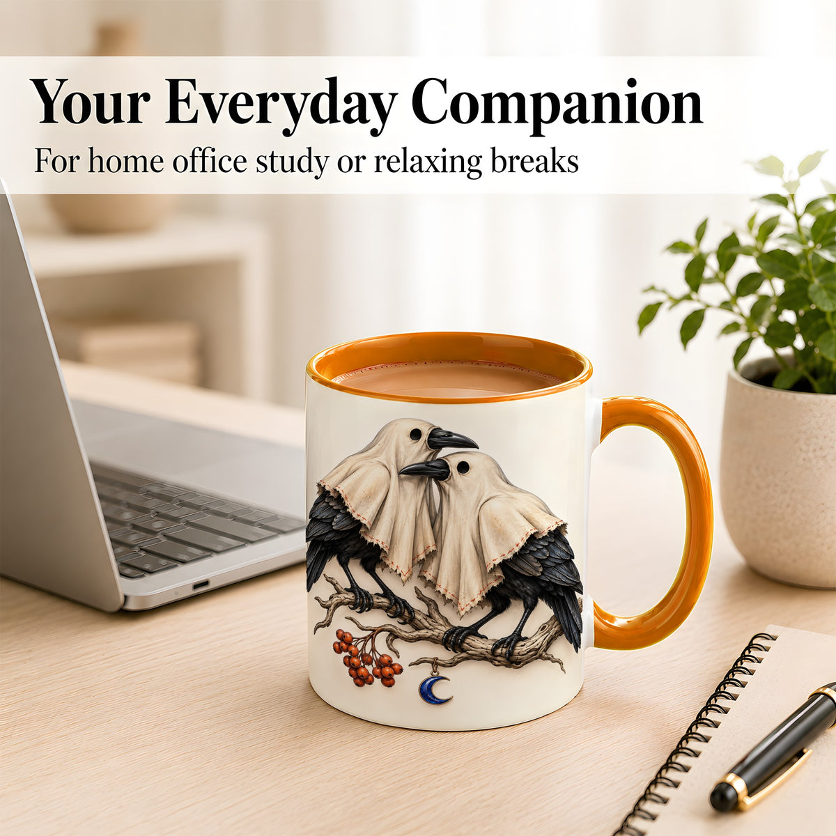 #pl[11oz|Orange] Ghost Crow Pair Coffee Mug, Gothic Bird Mug, Ceramic Cup