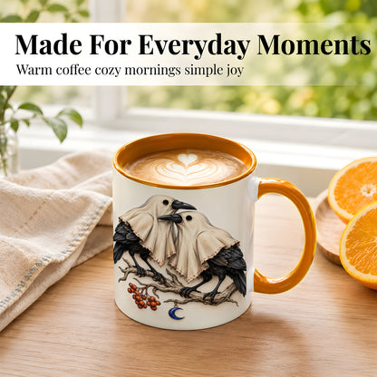 #pl[11oz|Orange] Ghost Crow Pair Coffee Mug, Gothic Bird Mug, Ceramic Cup