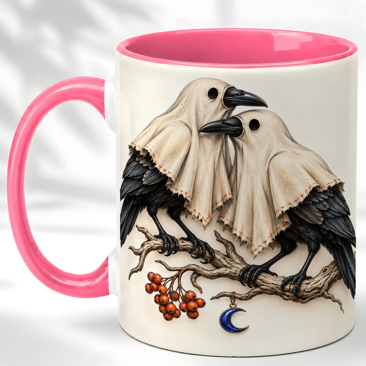 #pl[11oz|Pink] Ghost Crow Pair Coffee Mug, Gothic Bird Mug, Ceramic Cup