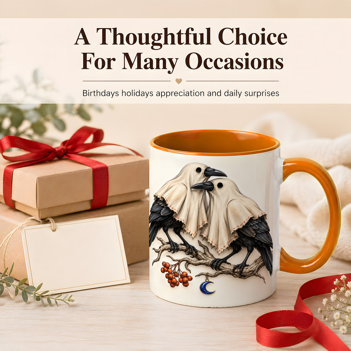 #pl[11oz|Orange] Ghost Crow Pair Coffee Mug, Gothic Bird Mug, Ceramic Cup