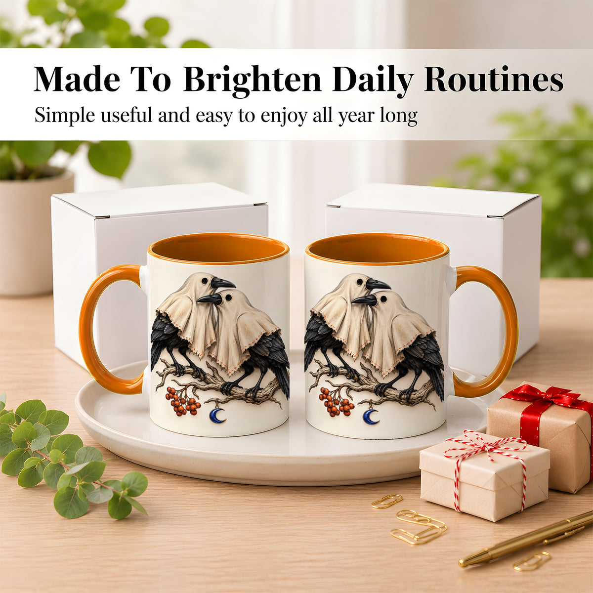 #pl[11oz|Orange] Ghost Crow Pair Coffee Mug, Gothic Bird Mug, Ceramic Cup