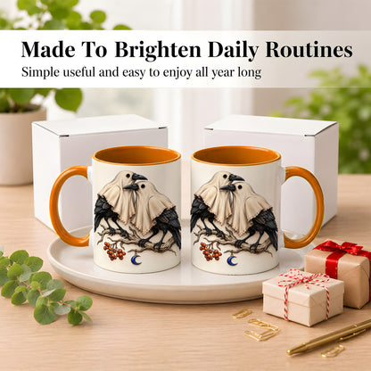 #pl[11oz|Orange] Ghost Crow Pair Coffee Mug, Gothic Bird Mug, Ceramic Cup