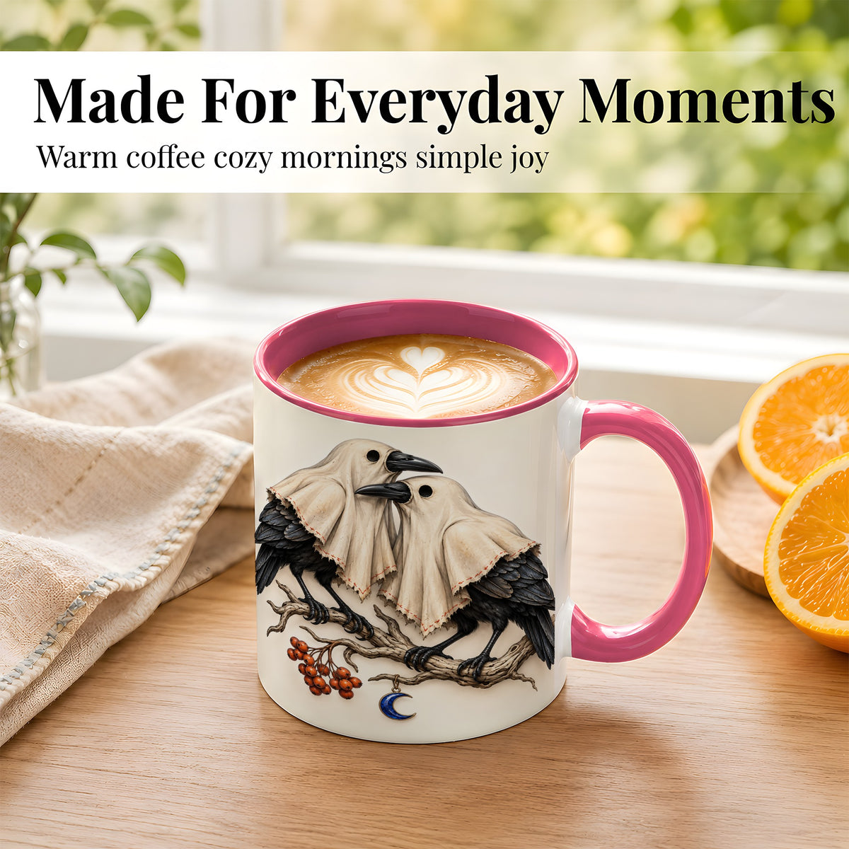 #pl[11oz|Pink] Ghost Crow Pair Coffee Mug, Gothic Bird Mug, Ceramic Cup