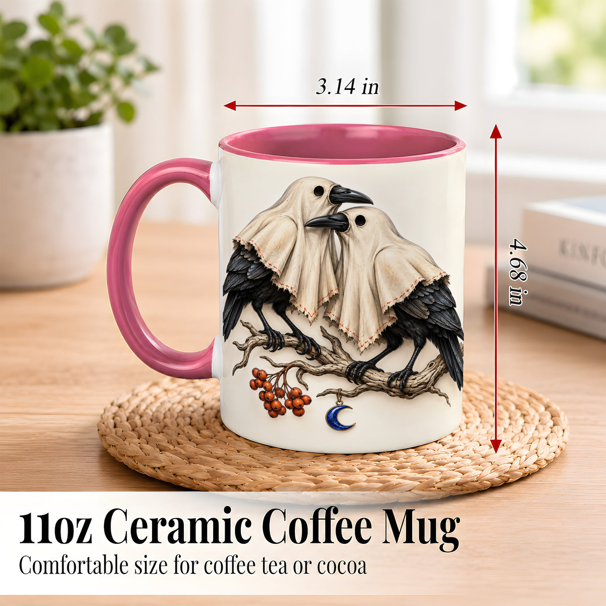 #pl[11oz|Pink] Ghost Crow Pair Coffee Mug, Gothic Bird Mug, Ceramic Cup