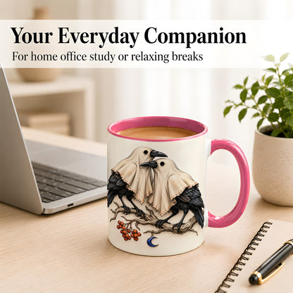 #pl[11oz|Pink] Ghost Crow Pair Coffee Mug, Gothic Bird Mug, Ceramic Cup