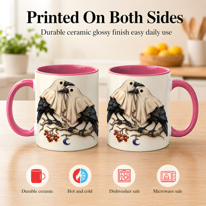 #pl[11oz|Pink] Ghost Crow Pair Coffee Mug, Gothic Bird Mug, Ceramic Cup