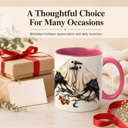 #pl[11oz|Pink] Ghost Crow Pair Coffee Mug, Gothic Bird Mug, Ceramic Cup