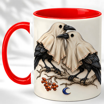 Ghost Crow Pair Coffee Mug, Gothic Bird Mug, Ceramic Cup