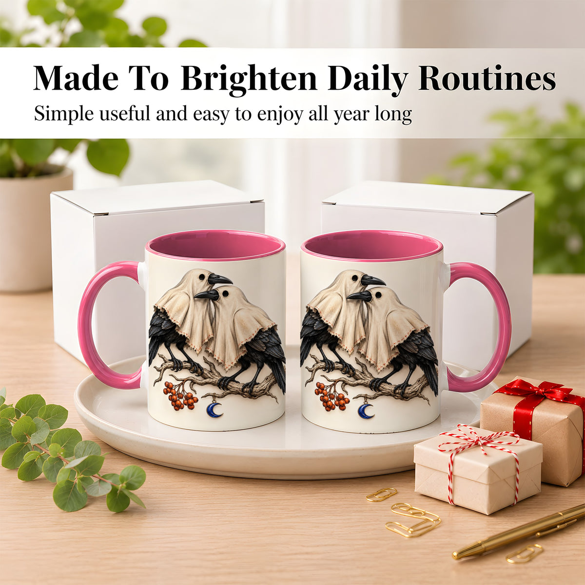 #pl[11oz|Pink] Ghost Crow Pair Coffee Mug, Gothic Bird Mug, Ceramic Cup