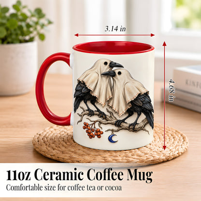 #pl[11oz|Red] Ghost Crow Pair Coffee Mug, Gothic Bird Mug, Ceramic Cup