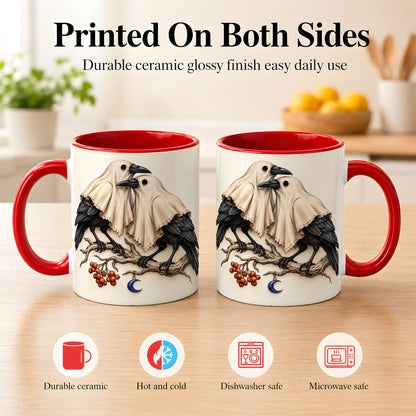 #pl[11oz|Red] Ghost Crow Pair Coffee Mug, Gothic Bird Mug, Ceramic Cup