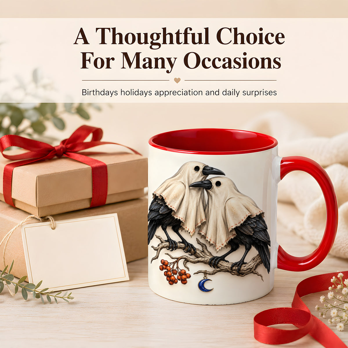 #pl[11oz|Red] Ghost Crow Pair Coffee Mug, Gothic Bird Mug, Ceramic Cup