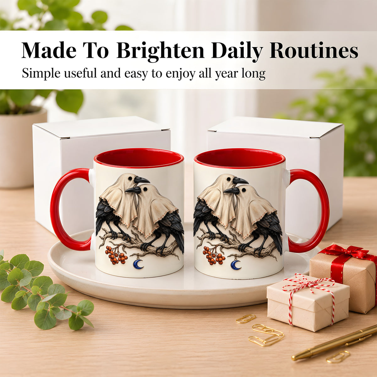 #pl[11oz|Red] Ghost Crow Pair Coffee Mug, Gothic Bird Mug, Ceramic Cup