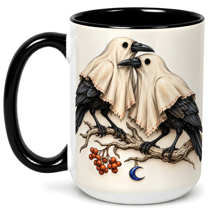 #pl[15oz|Black] Ghost Crow Pair Coffee Mug, Gothic Bird Mug, Ceramic Cup