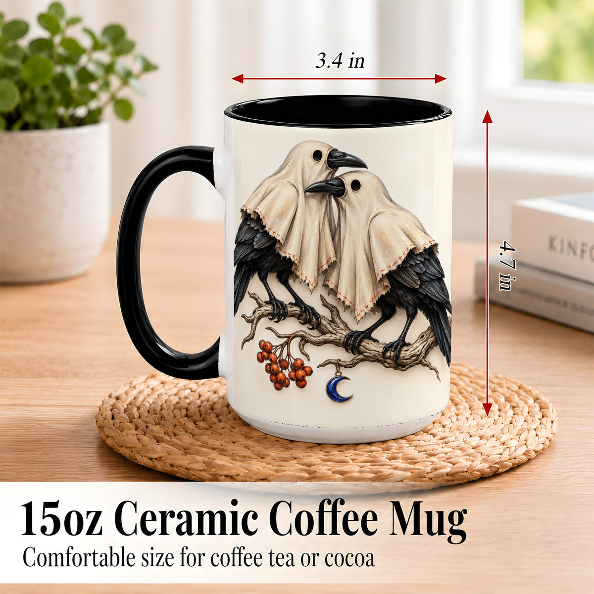 #pl[15oz|Black] Ghost Crow Pair Coffee Mug, Gothic Bird Mug, Ceramic Cup
