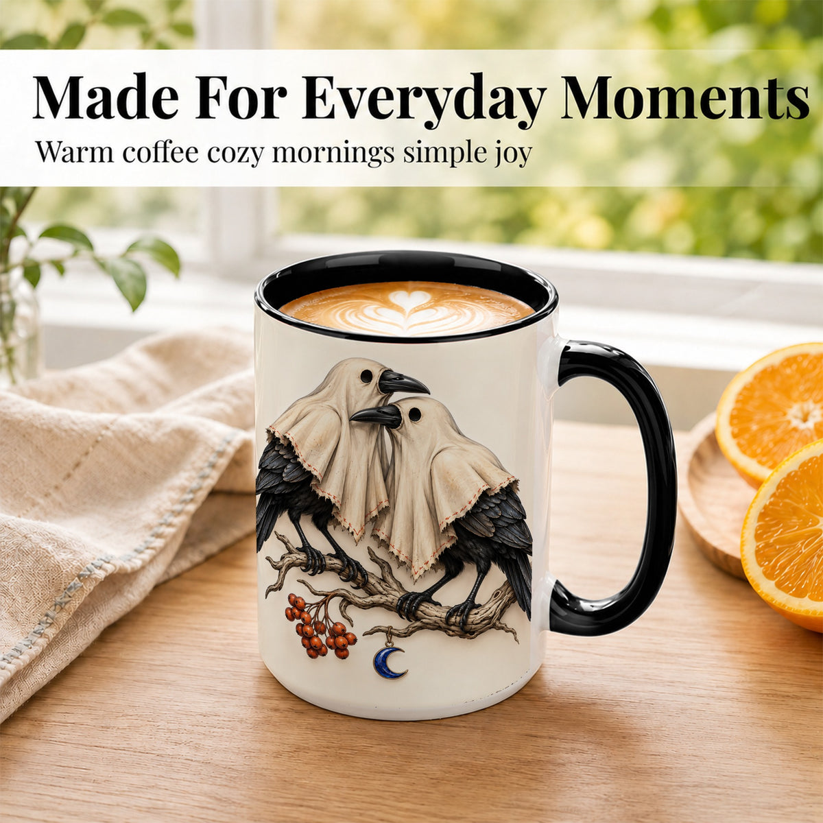 #pl[15oz|Black] Ghost Crow Pair Coffee Mug, Gothic Bird Mug, Ceramic Cup