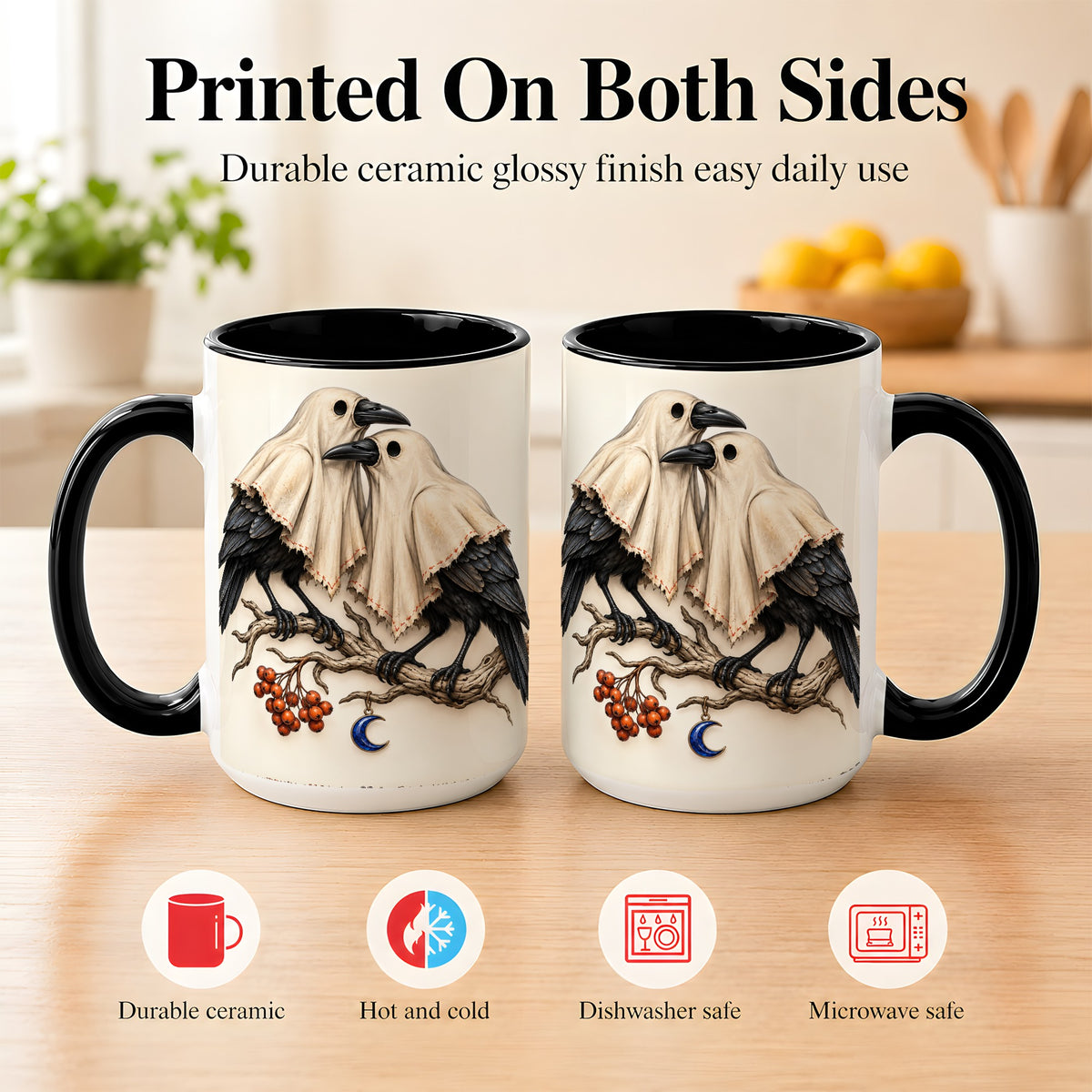 #pl[15oz|Black] Ghost Crow Pair Coffee Mug, Gothic Bird Mug, Ceramic Cup