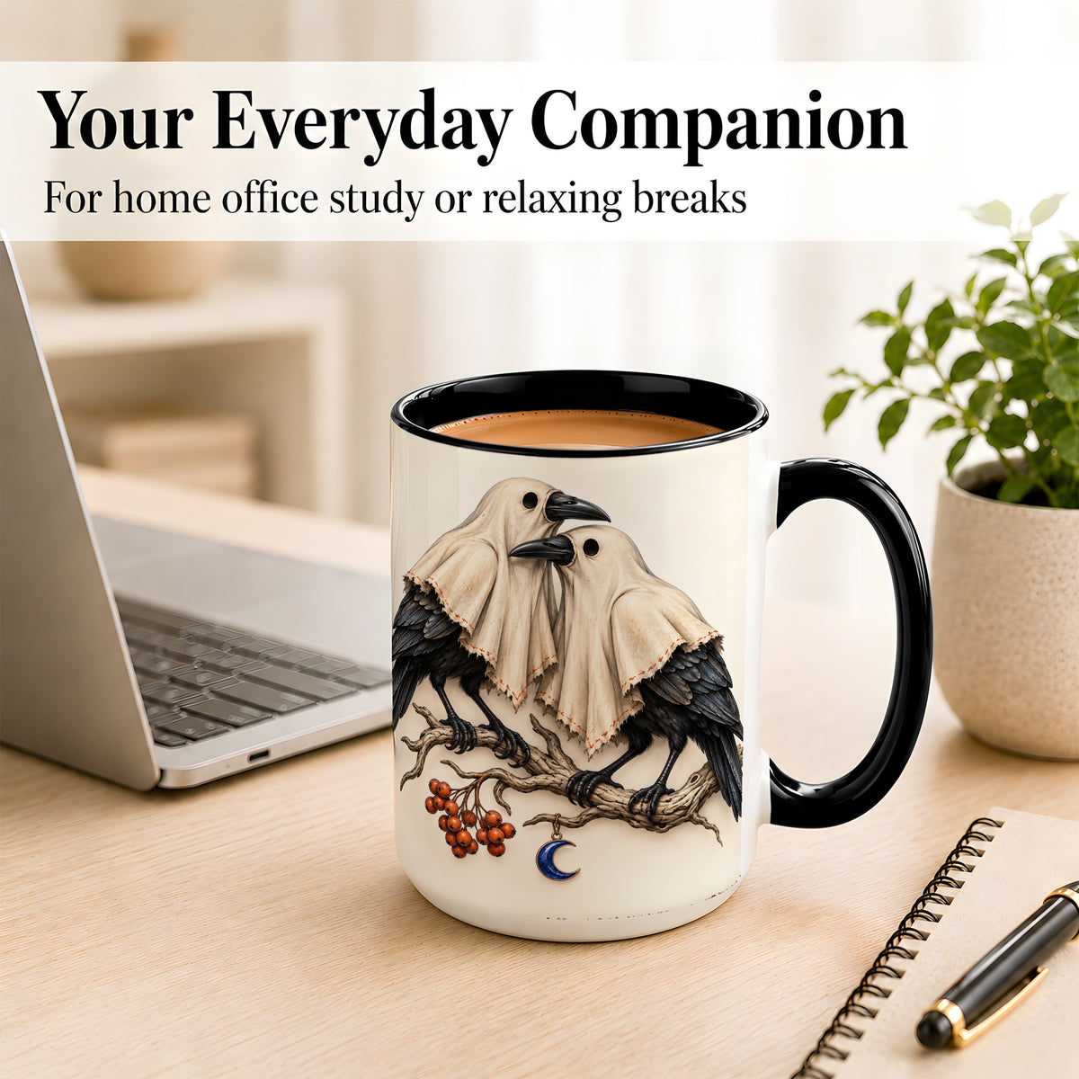 #pl[15oz|Black] Ghost Crow Pair Coffee Mug, Gothic Bird Mug, Ceramic Cup