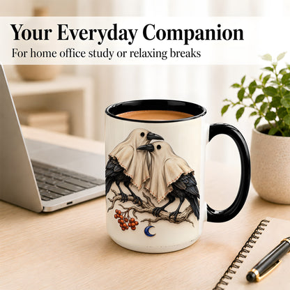 #pl[15oz|Black] Ghost Crow Pair Coffee Mug, Gothic Bird Mug, Ceramic Cup