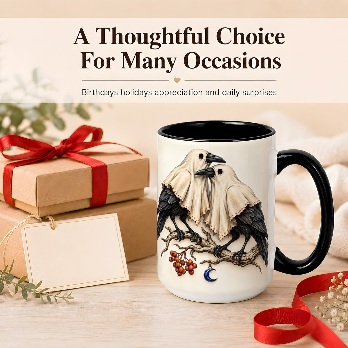 #pl[15oz|Black] Ghost Crow Pair Coffee Mug, Gothic Bird Mug, Ceramic Cup