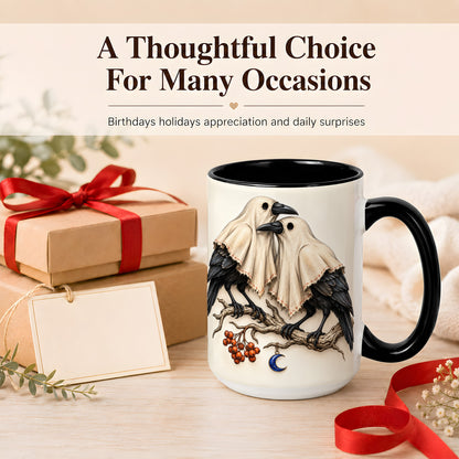 #pl[15oz|Black] Ghost Crow Pair Coffee Mug, Gothic Bird Mug, Ceramic Cup