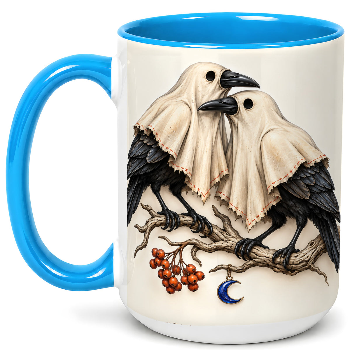 #pl[15oz|Blue] Ghost Crow Pair Coffee Mug, Gothic Bird Mug, Ceramic Cup