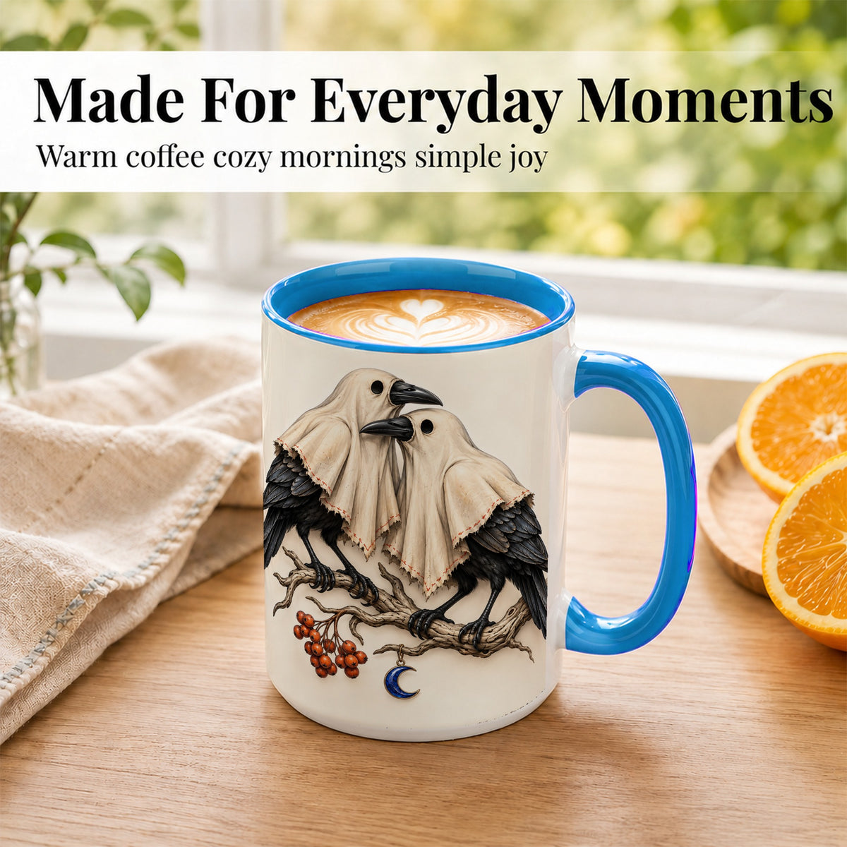 #pl[15oz|Blue] Ghost Crow Pair Coffee Mug, Gothic Bird Mug, Ceramic Cup
