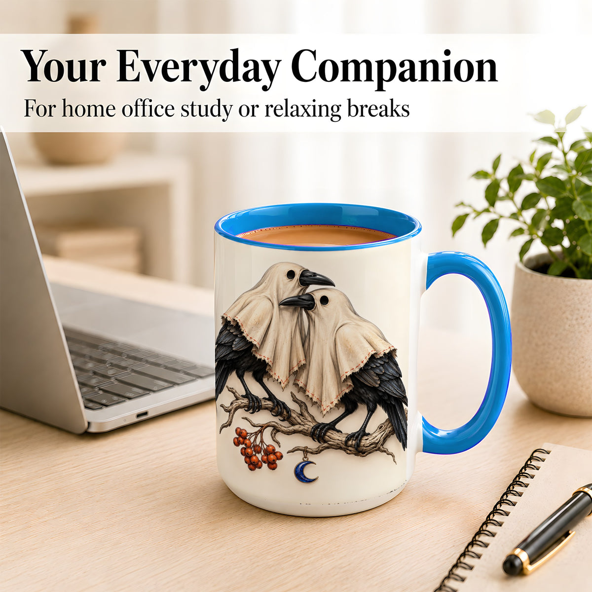 #pl[15oz|Blue] Ghost Crow Pair Coffee Mug, Gothic Bird Mug, Ceramic Cup