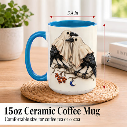 #pl[15oz|Blue] Ghost Crow Pair Coffee Mug, Gothic Bird Mug, Ceramic Cup