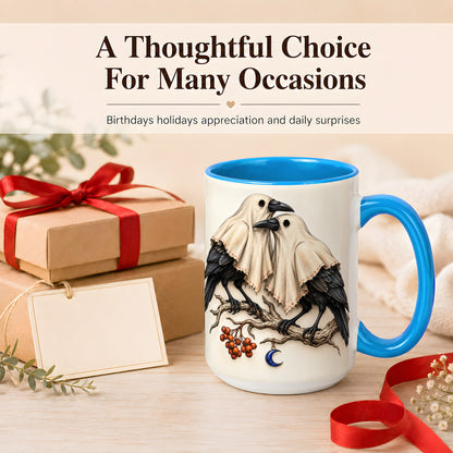 #pl[15oz|Blue] Ghost Crow Pair Coffee Mug, Gothic Bird Mug, Ceramic Cup