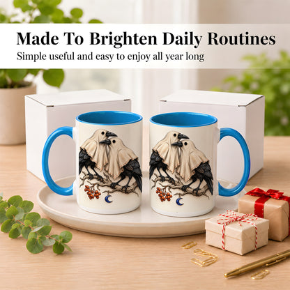 #pl[15oz|Blue] Ghost Crow Pair Coffee Mug, Gothic Bird Mug, Ceramic Cup