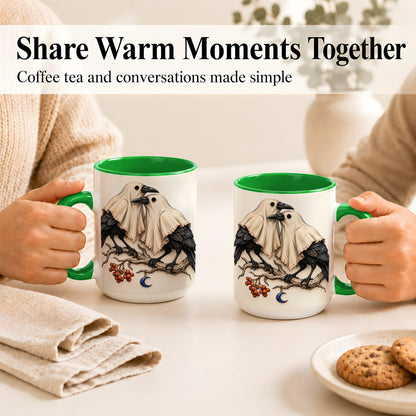 #pl[15oz|Green] Ghost Crow Pair Coffee Mug, Gothic Bird Mug, Ceramic Cup