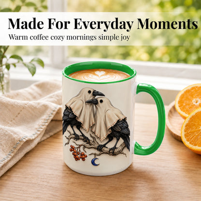 #pl[15oz|Green] Ghost Crow Pair Coffee Mug, Gothic Bird Mug, Ceramic Cup