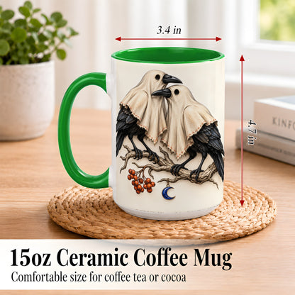 #pl[15oz|Green] Ghost Crow Pair Coffee Mug, Gothic Bird Mug, Ceramic Cup
