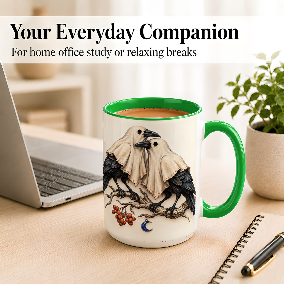#pl[15oz|Green] Ghost Crow Pair Coffee Mug, Gothic Bird Mug, Ceramic Cup