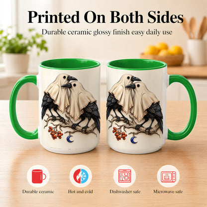 #pl[15oz|Green] Ghost Crow Pair Coffee Mug, Gothic Bird Mug, Ceramic Cup