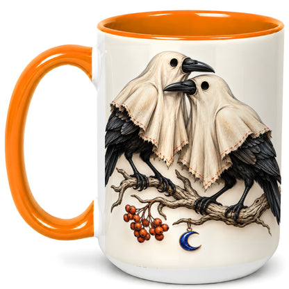#pl[15oz|Orange] Ghost Crow Pair Coffee Mug, Gothic Bird Mug, Ceramic Cup