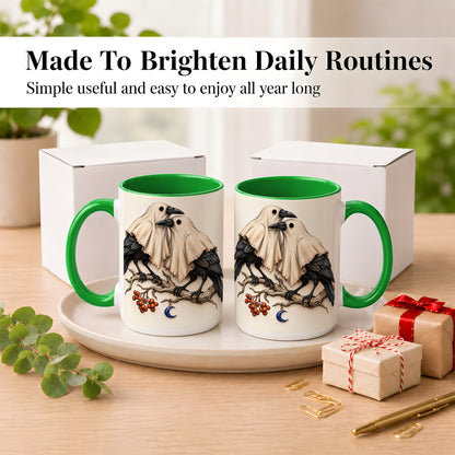 #pl[15oz|Green] Ghost Crow Pair Coffee Mug, Gothic Bird Mug, Ceramic Cup