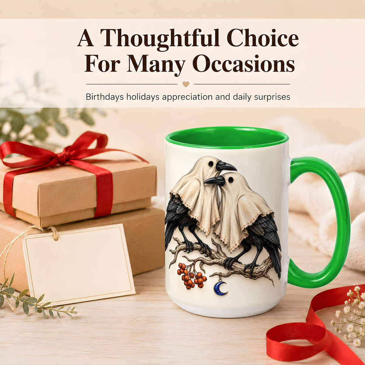 #pl[15oz|Green] Ghost Crow Pair Coffee Mug, Gothic Bird Mug, Ceramic Cup