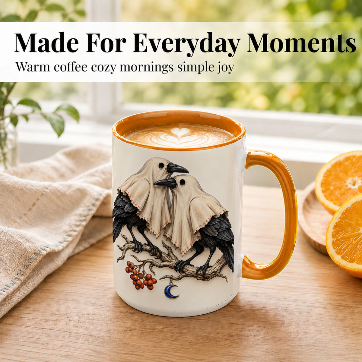 #pl[15oz|Orange] Ghost Crow Pair Coffee Mug, Gothic Bird Mug, Ceramic Cup