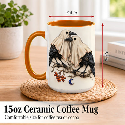 #pl[15oz|Orange] Ghost Crow Pair Coffee Mug, Gothic Bird Mug, Ceramic Cup