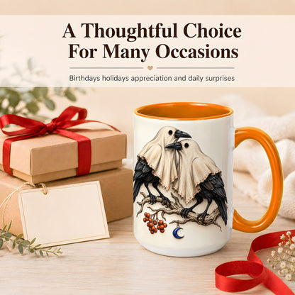 #pl[15oz|Orange] Ghost Crow Pair Coffee Mug, Gothic Bird Mug, Ceramic Cup