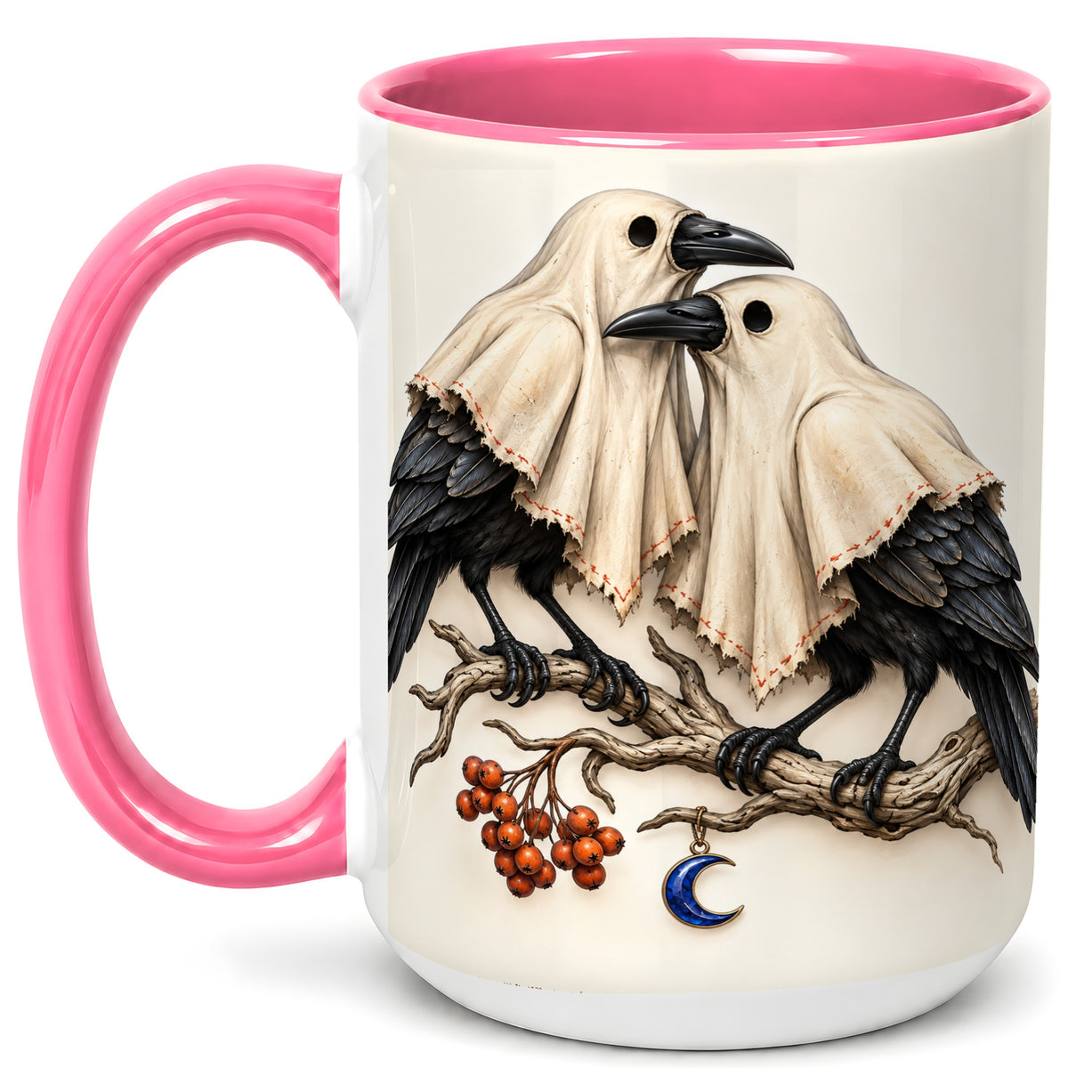 #pl[15oz|Pink] Ghost Crow Pair Coffee Mug, Gothic Bird Mug, Ceramic Cup