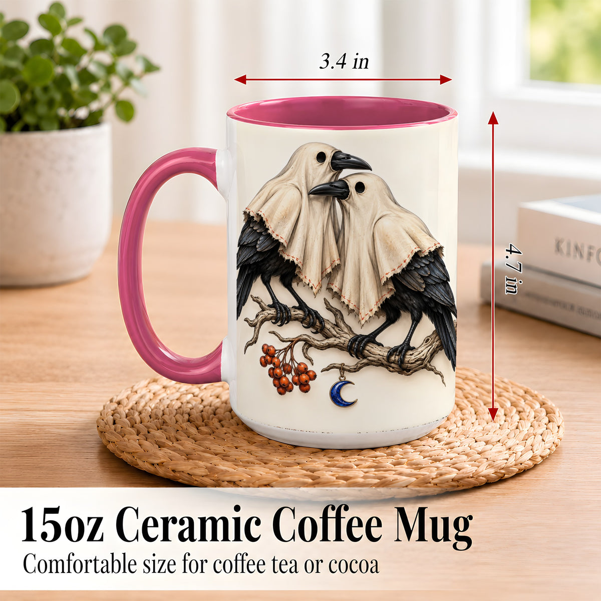 #pl[15oz|Pink] Ghost Crow Pair Coffee Mug, Gothic Bird Mug, Ceramic Cup