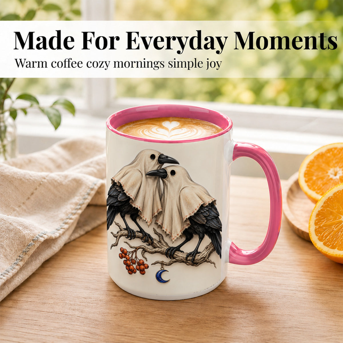 #pl[15oz|Pink] Ghost Crow Pair Coffee Mug, Gothic Bird Mug, Ceramic Cup