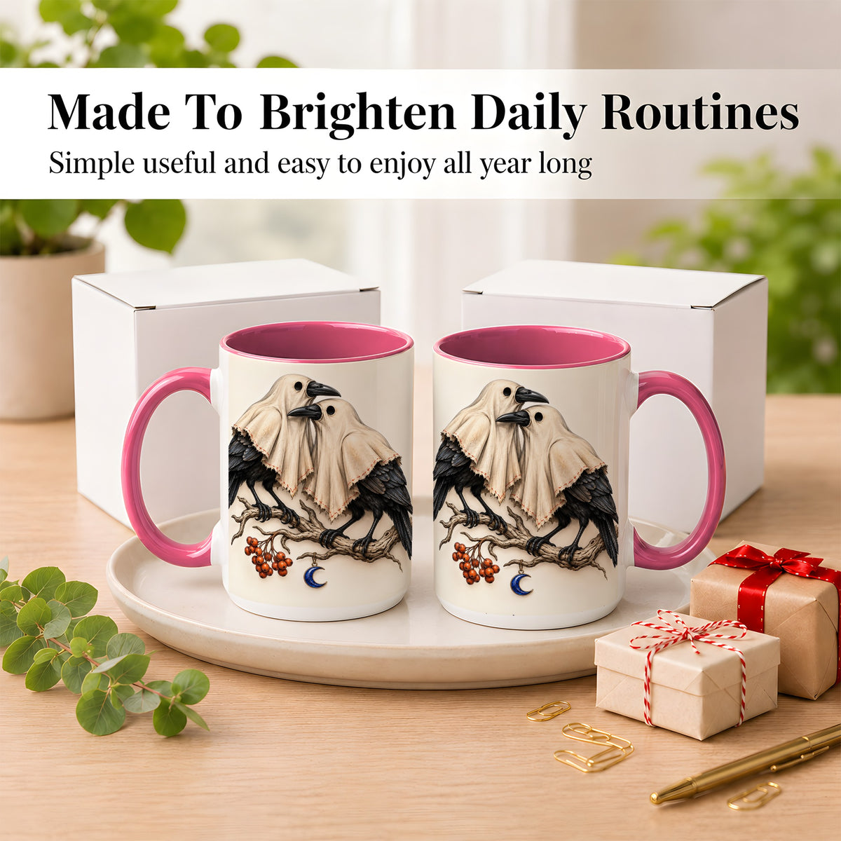 #pl[15oz|Pink] Ghost Crow Pair Coffee Mug, Gothic Bird Mug, Ceramic Cup