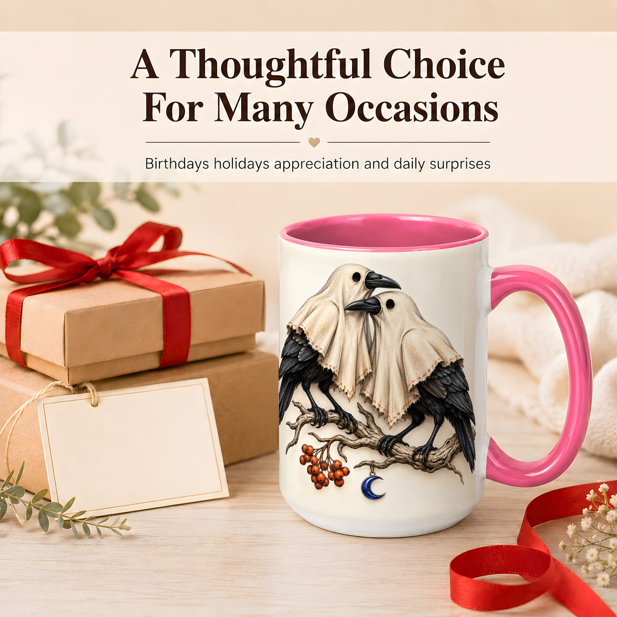 #pl[15oz|Pink] Ghost Crow Pair Coffee Mug, Gothic Bird Mug, Ceramic Cup